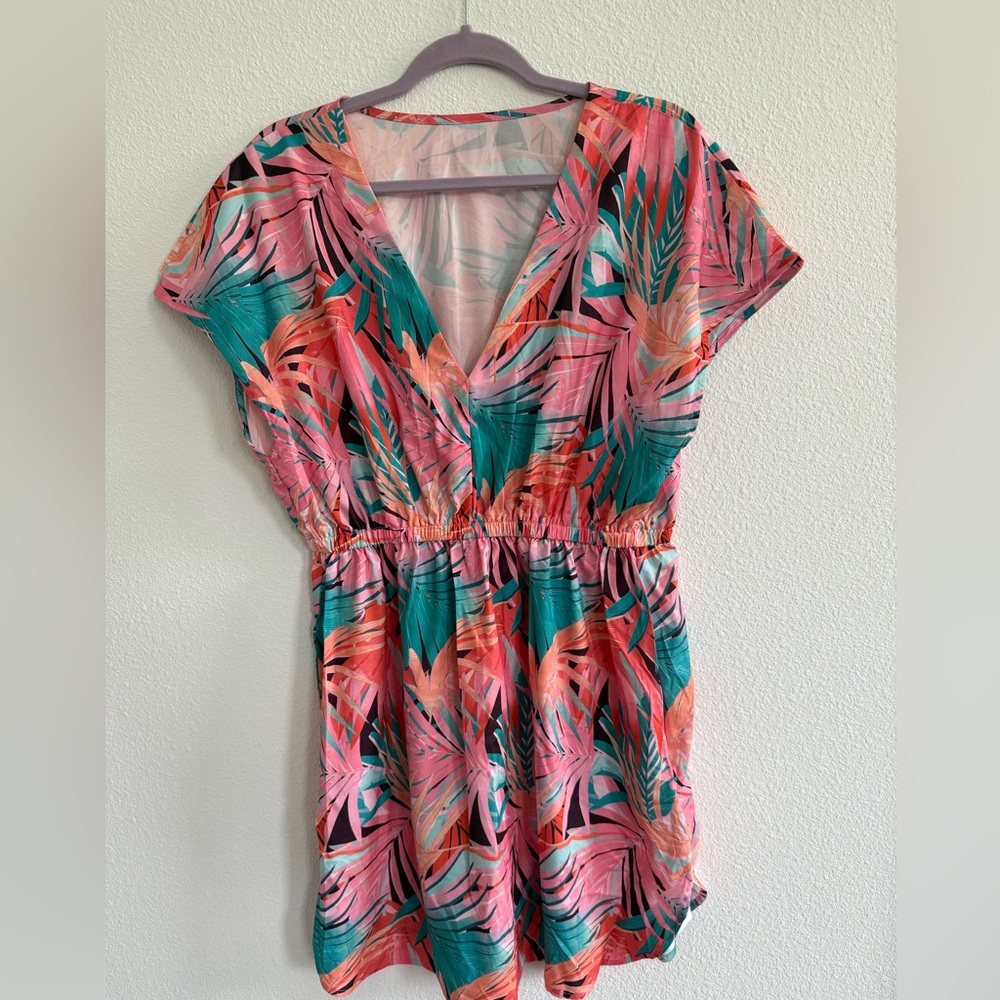 Cupshe Pink and Green Swim Coverup with Flutter Sleeves